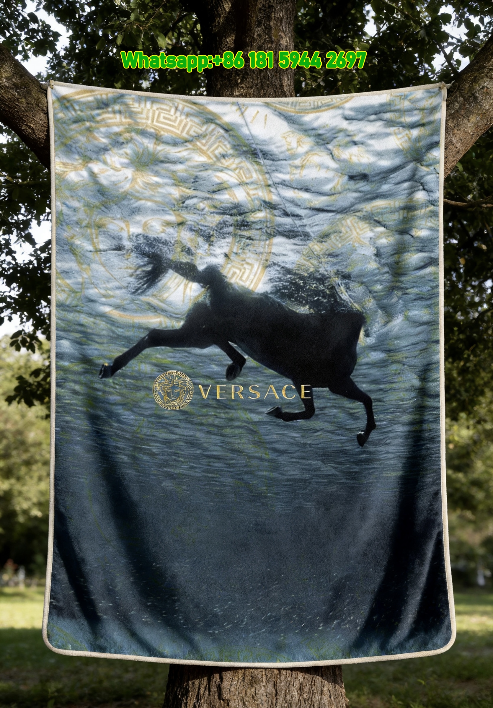 Versace Underwater Horse Medusa Greek Key Print Dark Blue Gold Flannel Sofa Throw Blanket IMG_1569